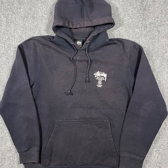 Stussy World Tour Logo Hoodie Mens Large Faded Black Sweatshirt 0965 - Picture 6 of 9